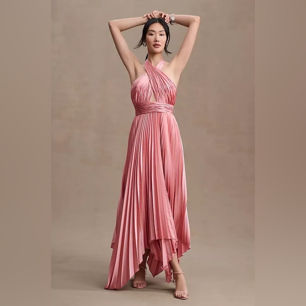 Mac Duggal 11302# PLEATED HALTER NECK ASYMMETRICAL HEM GOWN Rose pink Sz 6